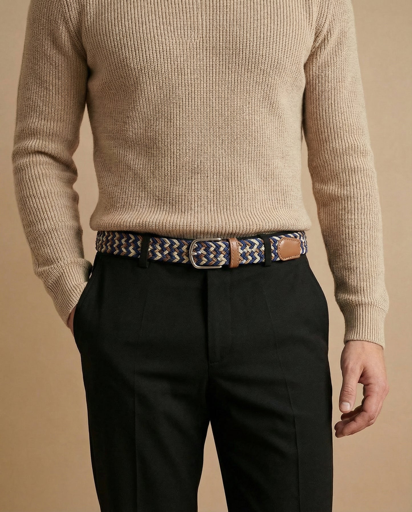 Correa Trenzada de Lona Elástica Azul Marino / Beige / Marrón