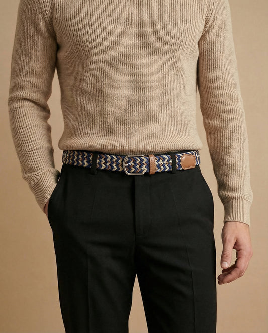 Correa Trenzada de Lona Elástica Azul Marino / Beige / Marrón