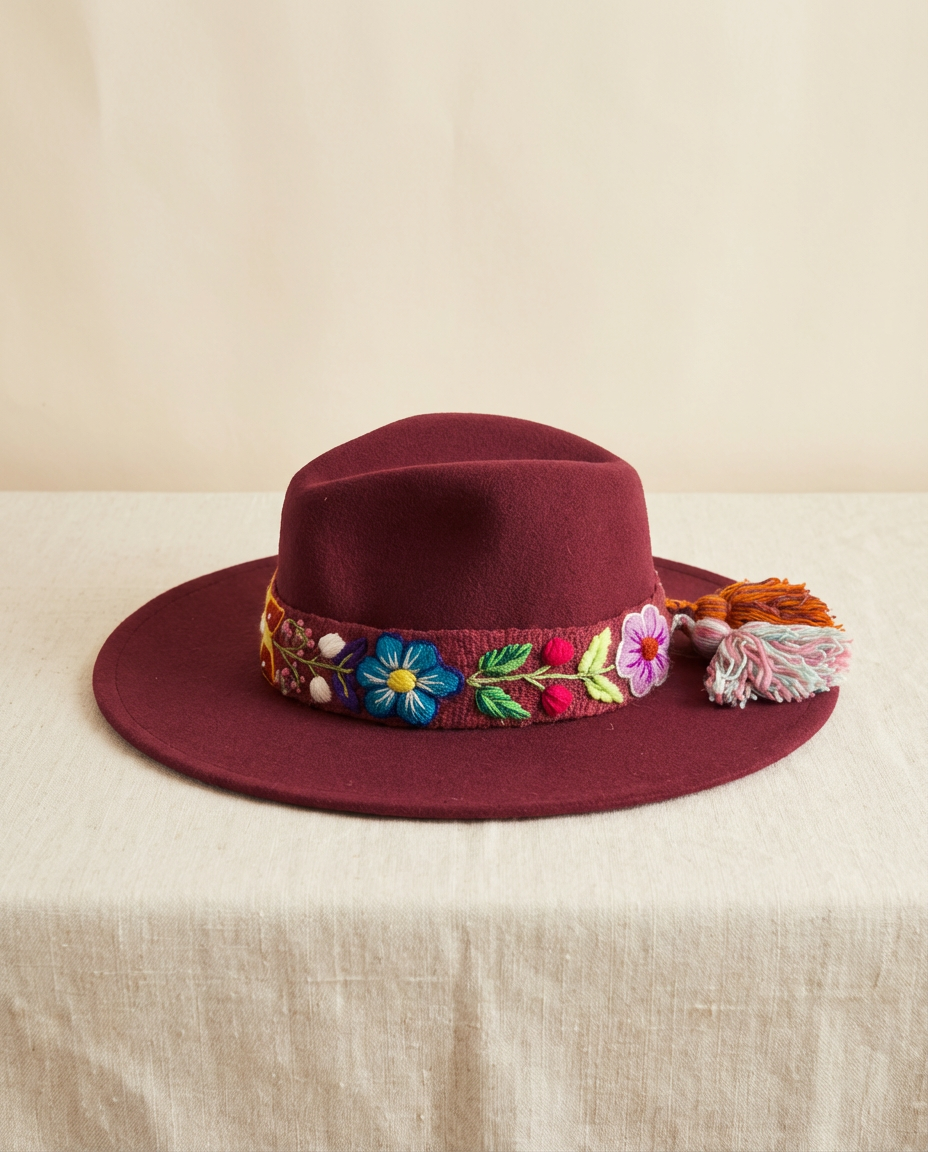 Sombrero Fedora Guinda con cinta y Bordado Floral en Mezcla de Hilo Alpaca