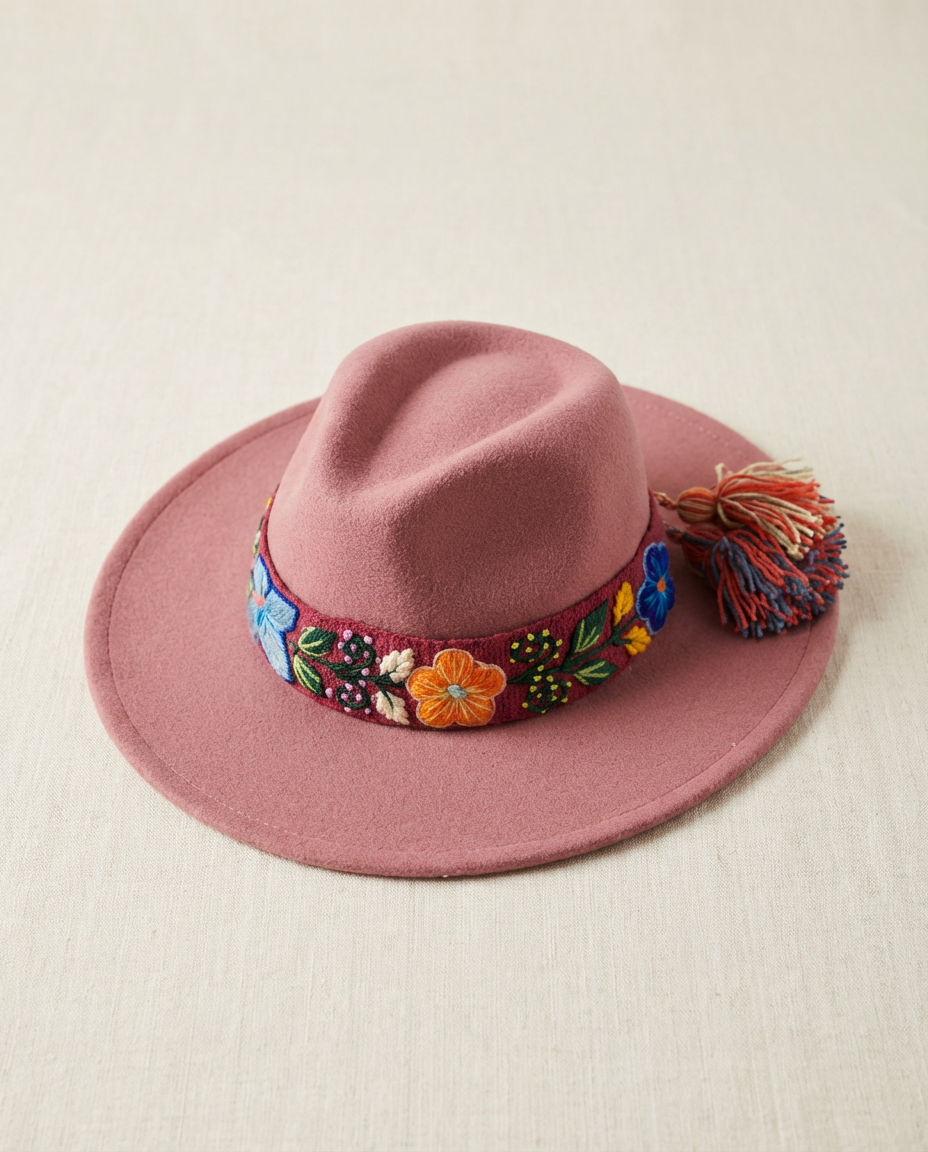 Sombrero Fedora Rosa Viejo con Cinta y Bordado Floral en Mezcla de Hilo Alpaca