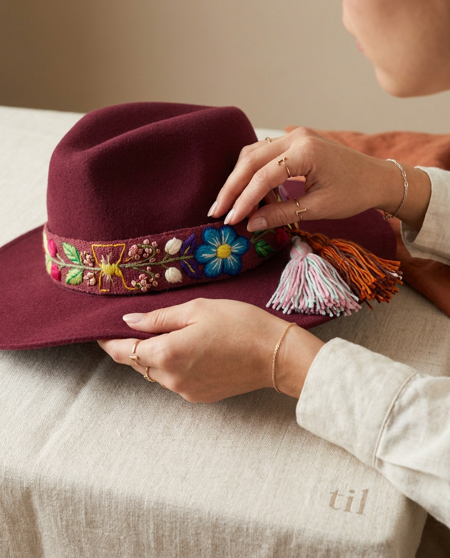 Sombrero Fedora Guinda con cinta y Bordado Floral en Mezcla de Hilo Alpaca