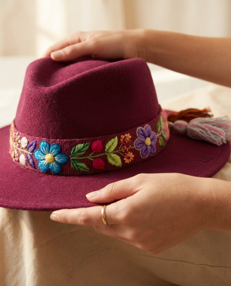 Sombrero Fedora Guinda con cinta y Bordado Floral en Mezcla de Hilo Alpaca