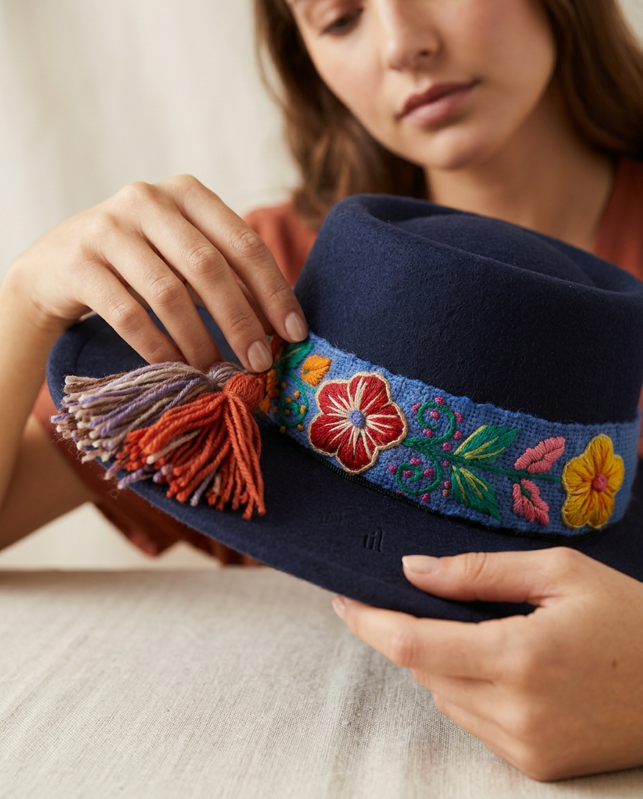 Sombrero Copa Oval Azul con cinta y Bordado Floral en Mezcla de Hilo Alpaca