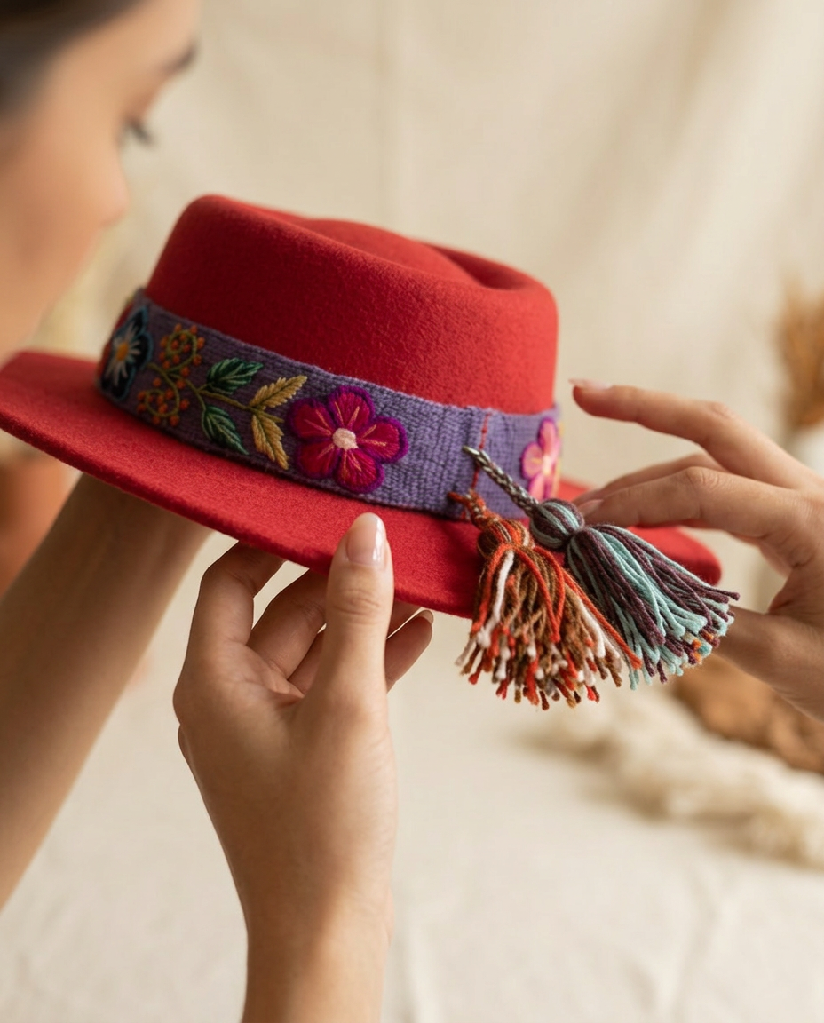 Sombrero Copa Oval Rojo con cinta y Bordado Floral en Mezcla de Hilo Alpaca