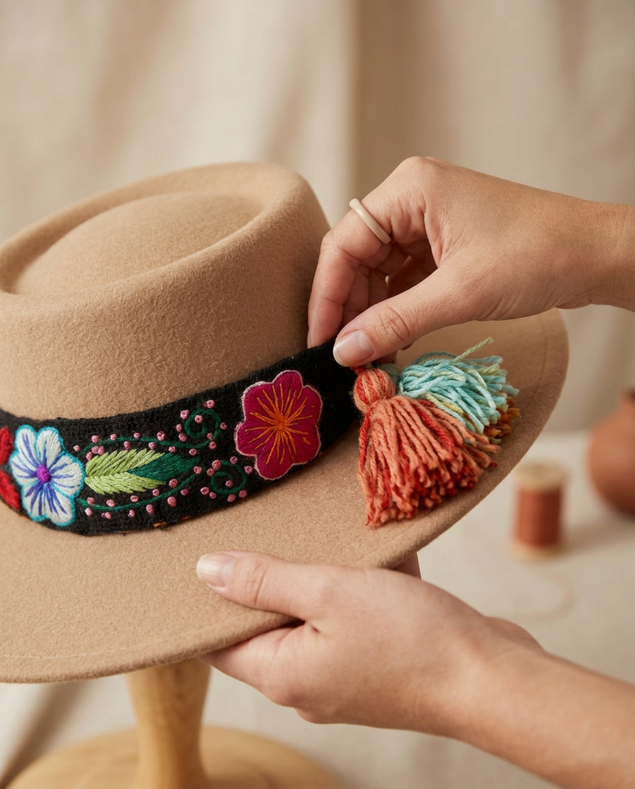 Sombrero Copa Oval Beige con cinta y Bordado Floral en Mezcla de Hilo Alpaca