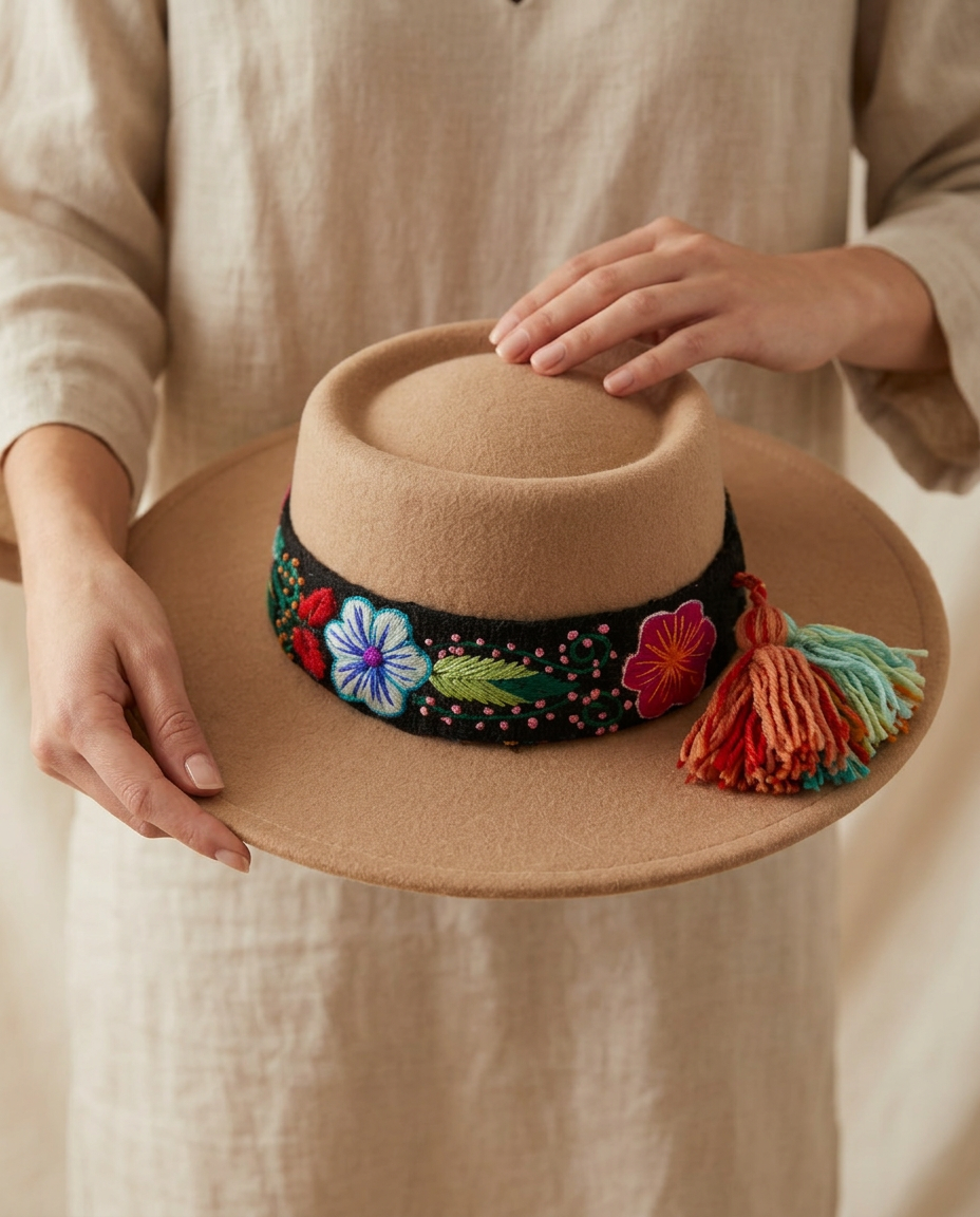 Sombrero Copa Oval Beige con cinta y Bordado Floral en Mezcla de Hilo Alpaca