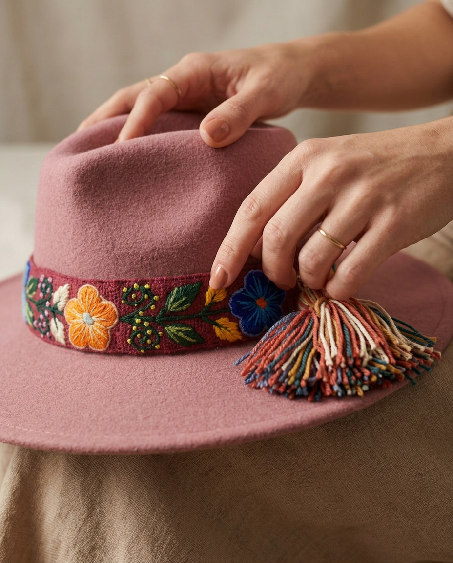 Sombrero Fedora Rosa Viejo con Cinta y Bordado Floral en Mezcla de Hilo Alpaca