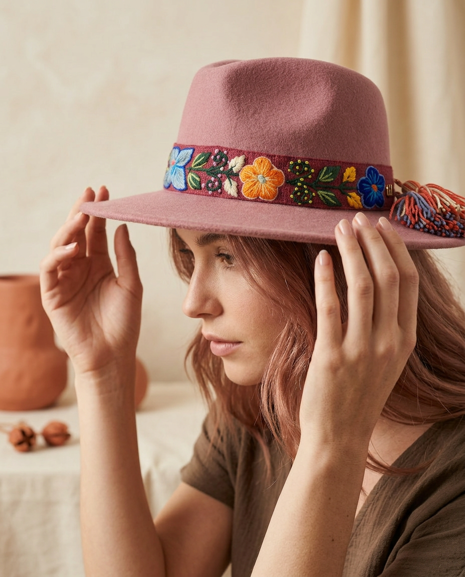 Sombrero Fedora Rosa Viejo con Cinta y Bordado Floral en Mezcla de Hilo Alpaca