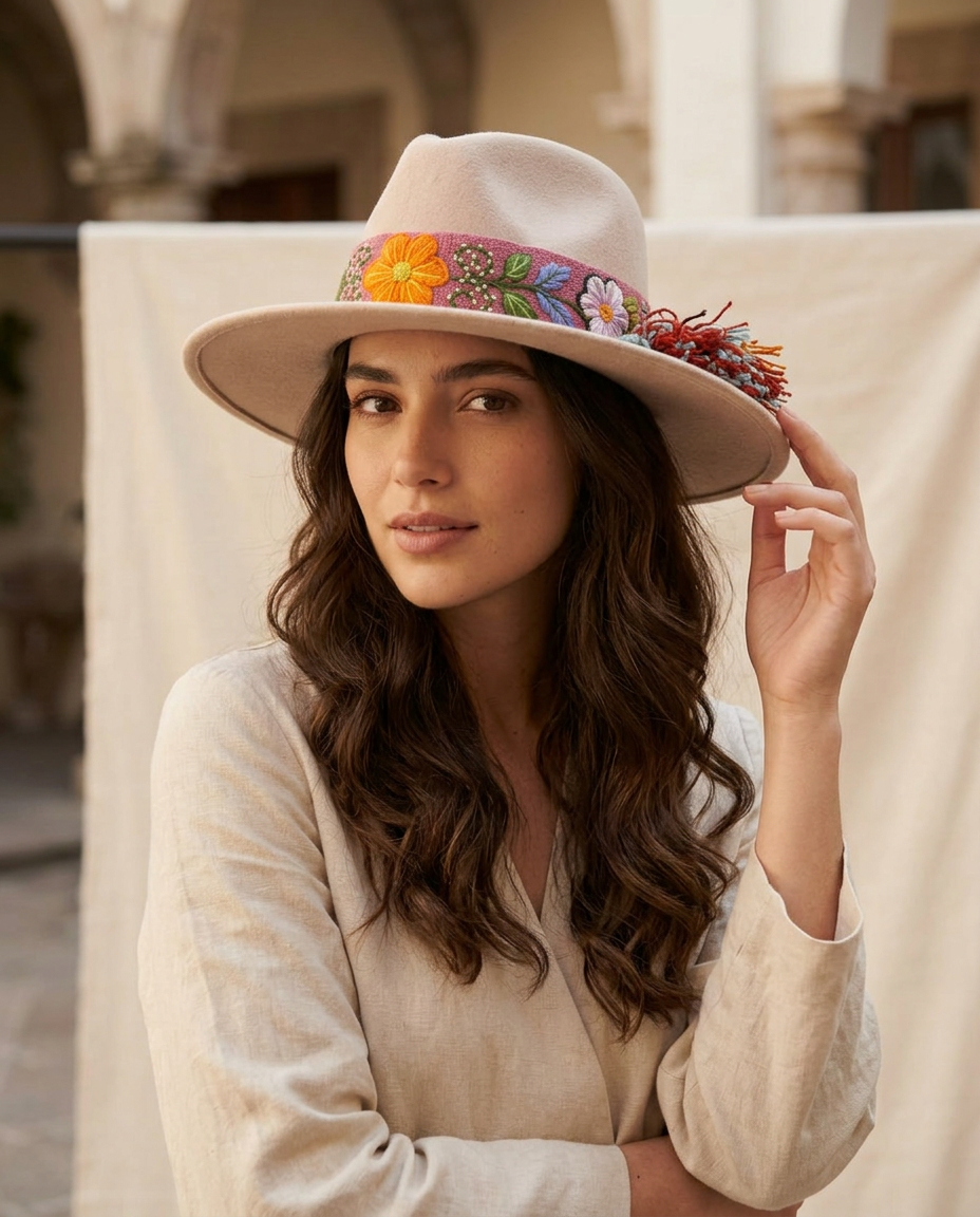 Sombrero Fedora Rosa Crema con Cinta y Bordado Floral en Mezcla de Hilo Alpaca