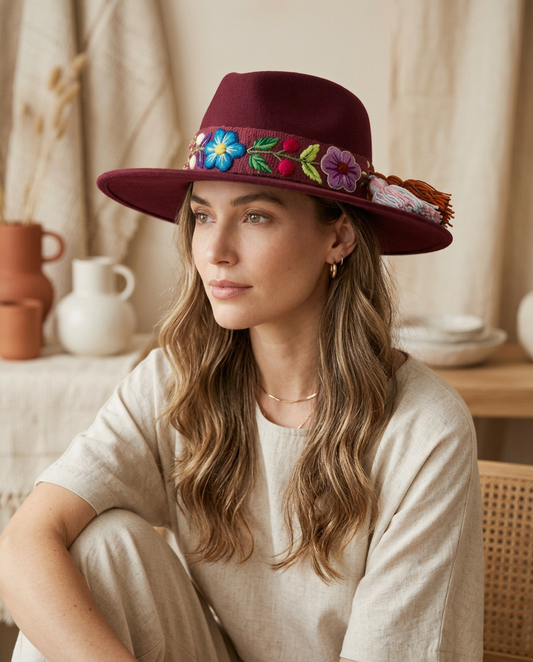 Sombrero Fedora Guinda con cinta y Bordado Floral en Mezcla de Hilo Alpaca