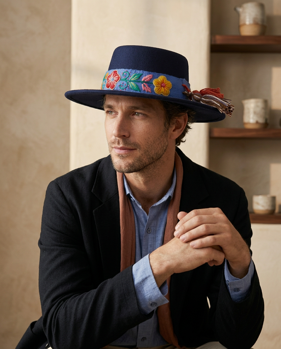 Sombrero Copa Oval Azul con cinta y Bordado Floral en Mezcla de Hilo Alpaca