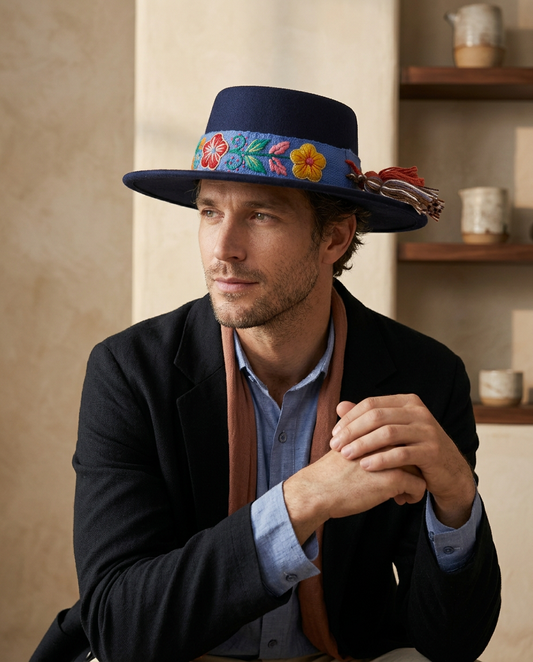 Sombrero Copa Oval Azul con cinta y Bordado Floral en Mezcla de Hilo Alpaca