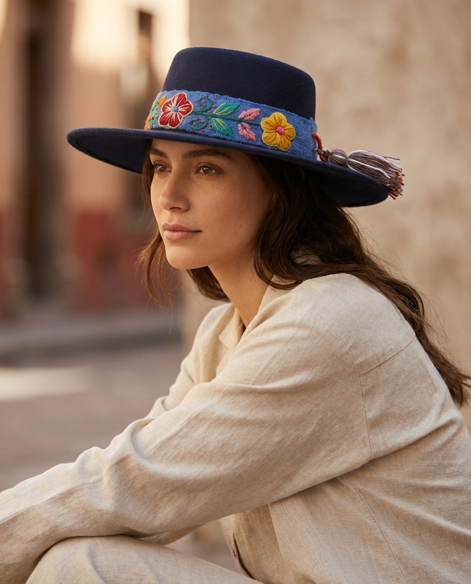 Sombrero Copa Oval Azul con cinta y Bordado Floral en Mezcla de Hilo Alpaca