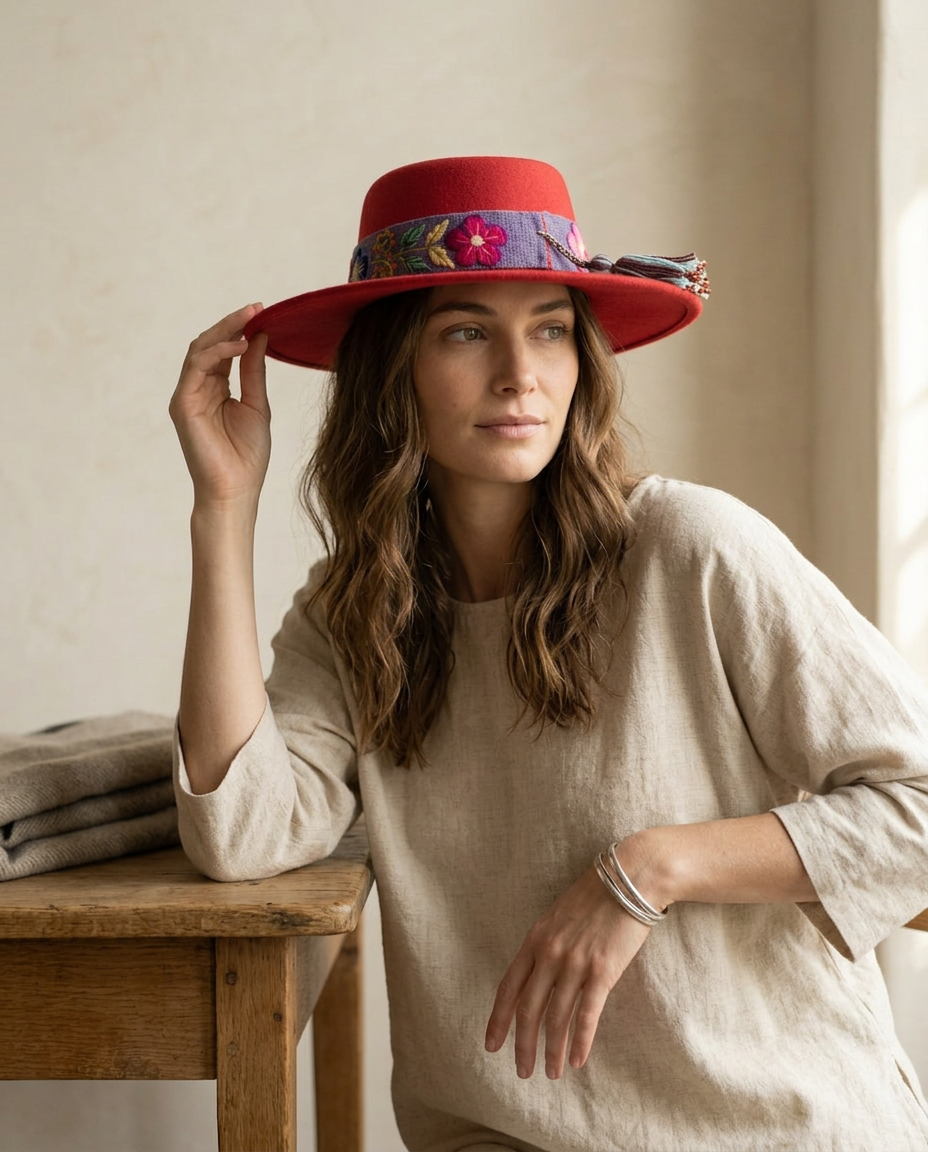 Sombrero Copa Oval Rojo con cinta y Bordado Floral en Mezcla de Hilo Alpaca