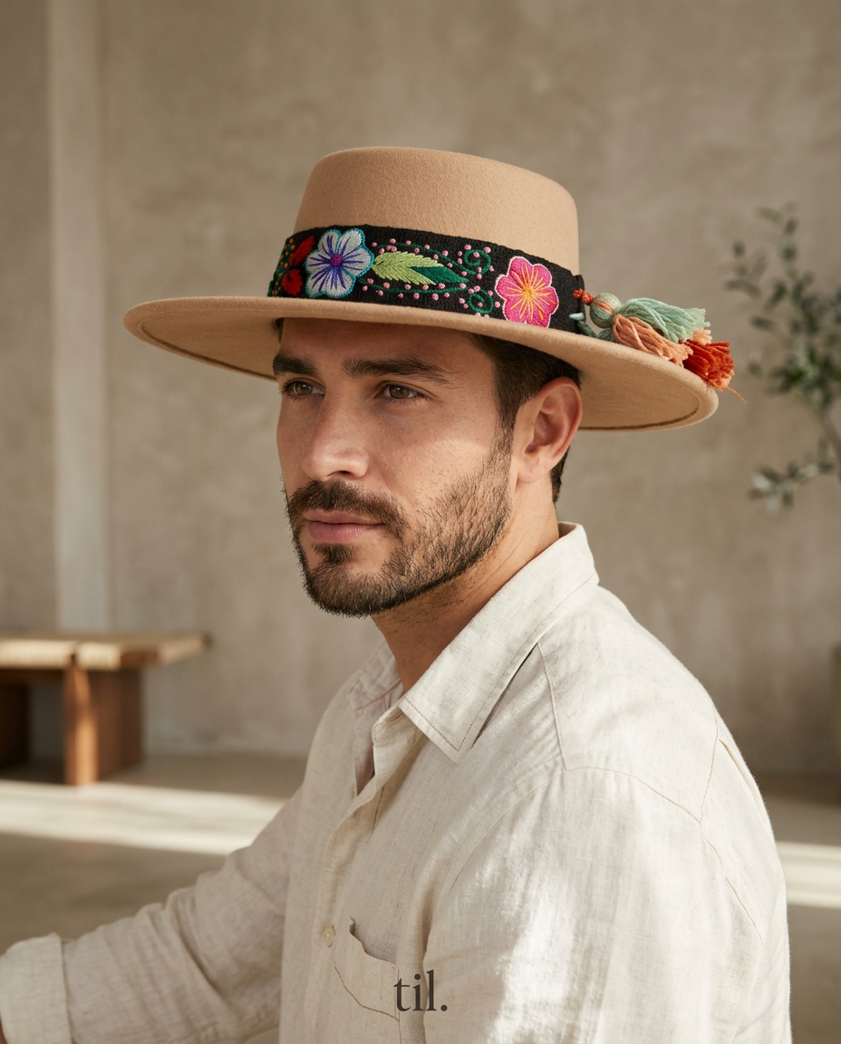 Sombrero Copa Oval Beige con cinta y Bordado Floral en Mezcla de Hilo Alpaca