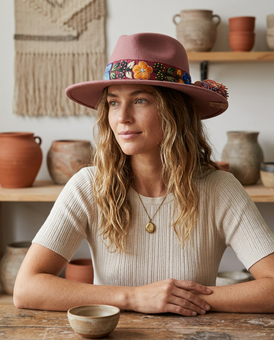 Sombrero Fedora Rosa Viejo con Cinta y Bordado Floral en Mezcla de Hilo Alpaca