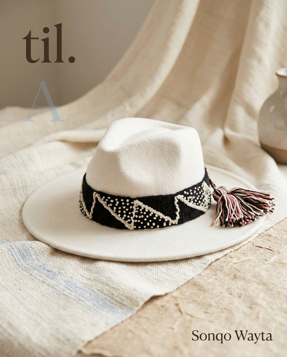 Sombrero Fedora de Fieltro Blanco con Cinta y Bordado geométrico