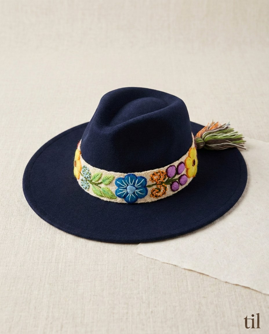 Sombrero Fedora de Fieltro Azul con Cinta y Bordado Floral Artesanal