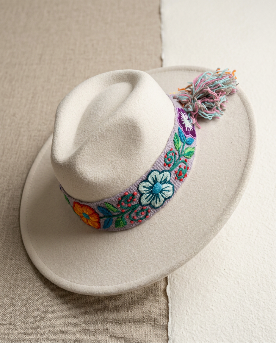 Sombrero Fedora de Fieltro Blanco con Cinta y Bordado Floral Artesanal