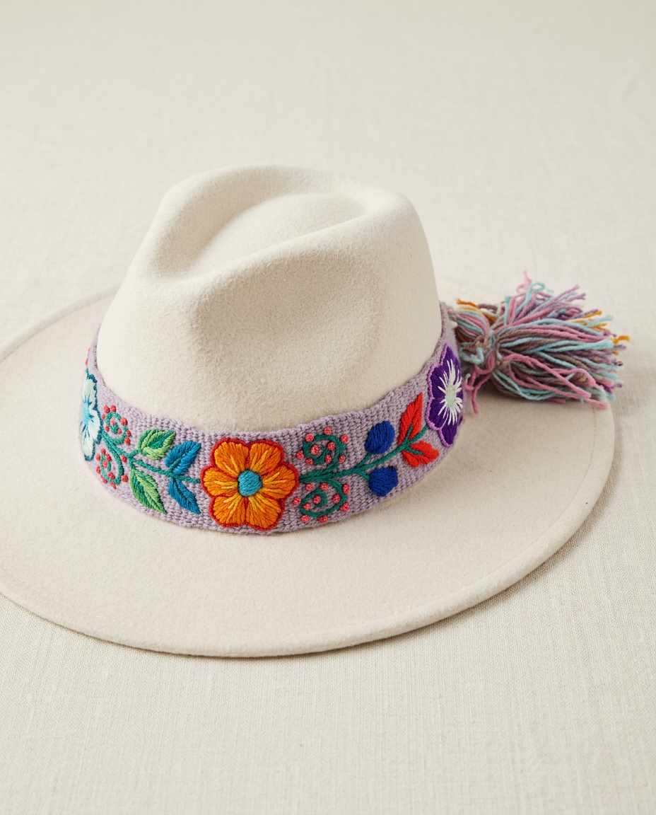 Sombrero Fedora de Fieltro Blanco con Cinta y Bordado Floral Artesanal