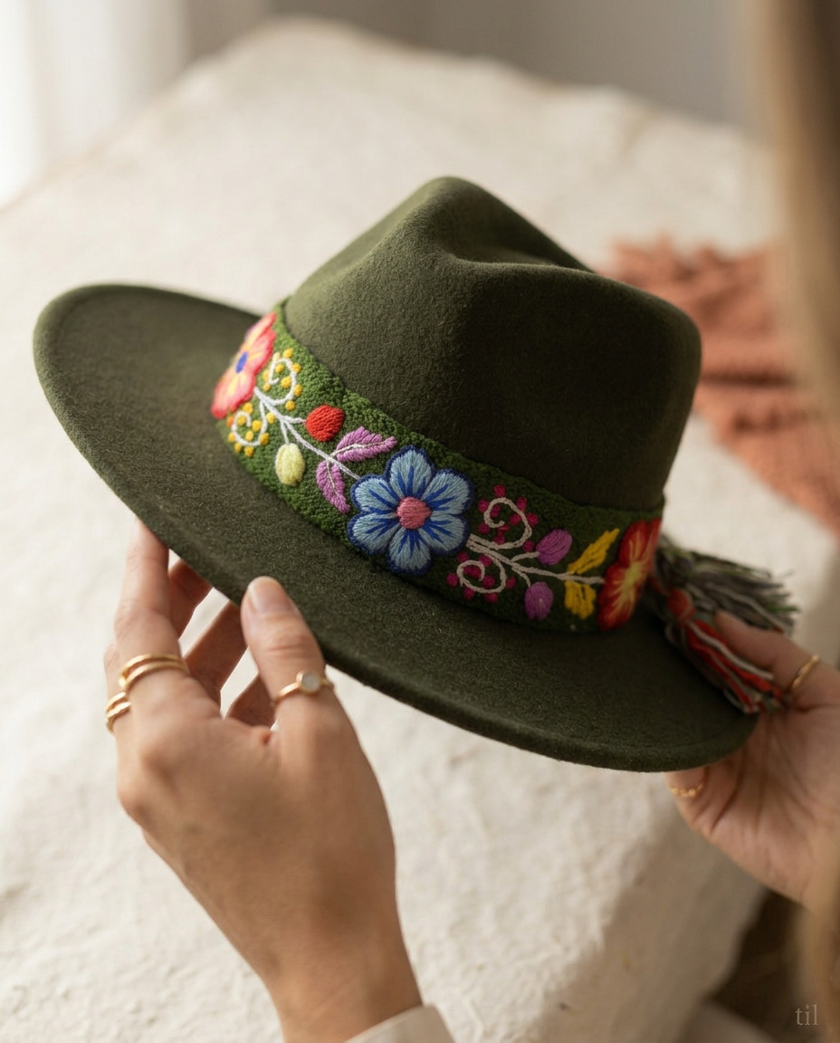 Sombrero Fedora de Fieltro Verde Olivo con Cinta y Bordado Floral Artesanal