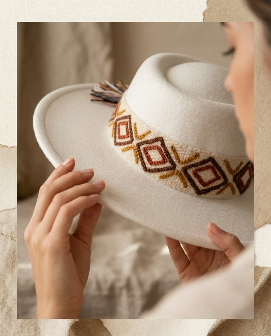 Sombrero Oval de Fieltro Blanco con Cinta y Bordado geométrico