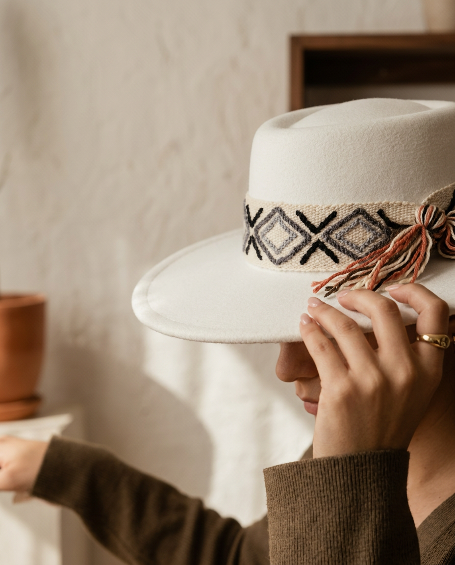 Sombrero Oval de Fieltro Blanco con Cinta y Bordado geométrico