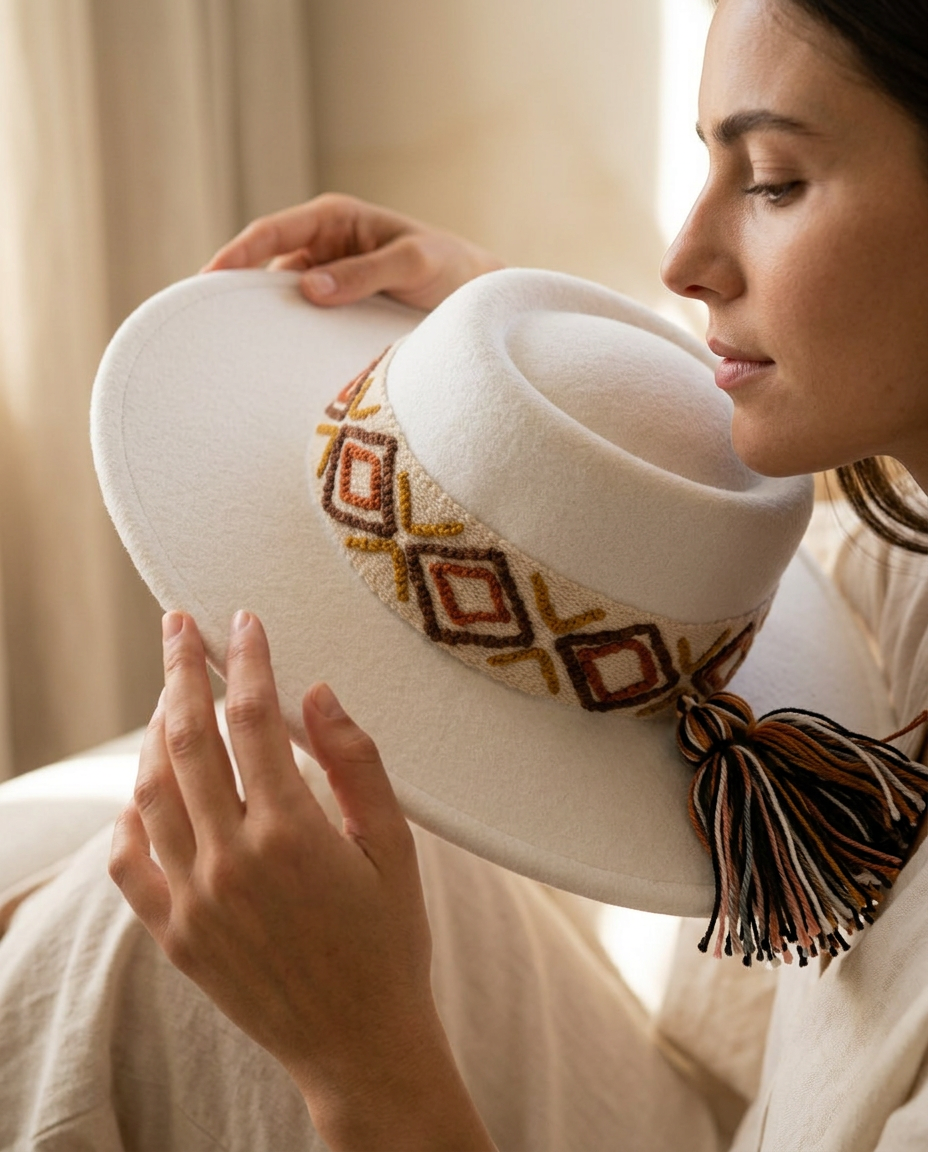 Sombrero Oval de Fieltro Blanco con Cinta y Bordado geométrico