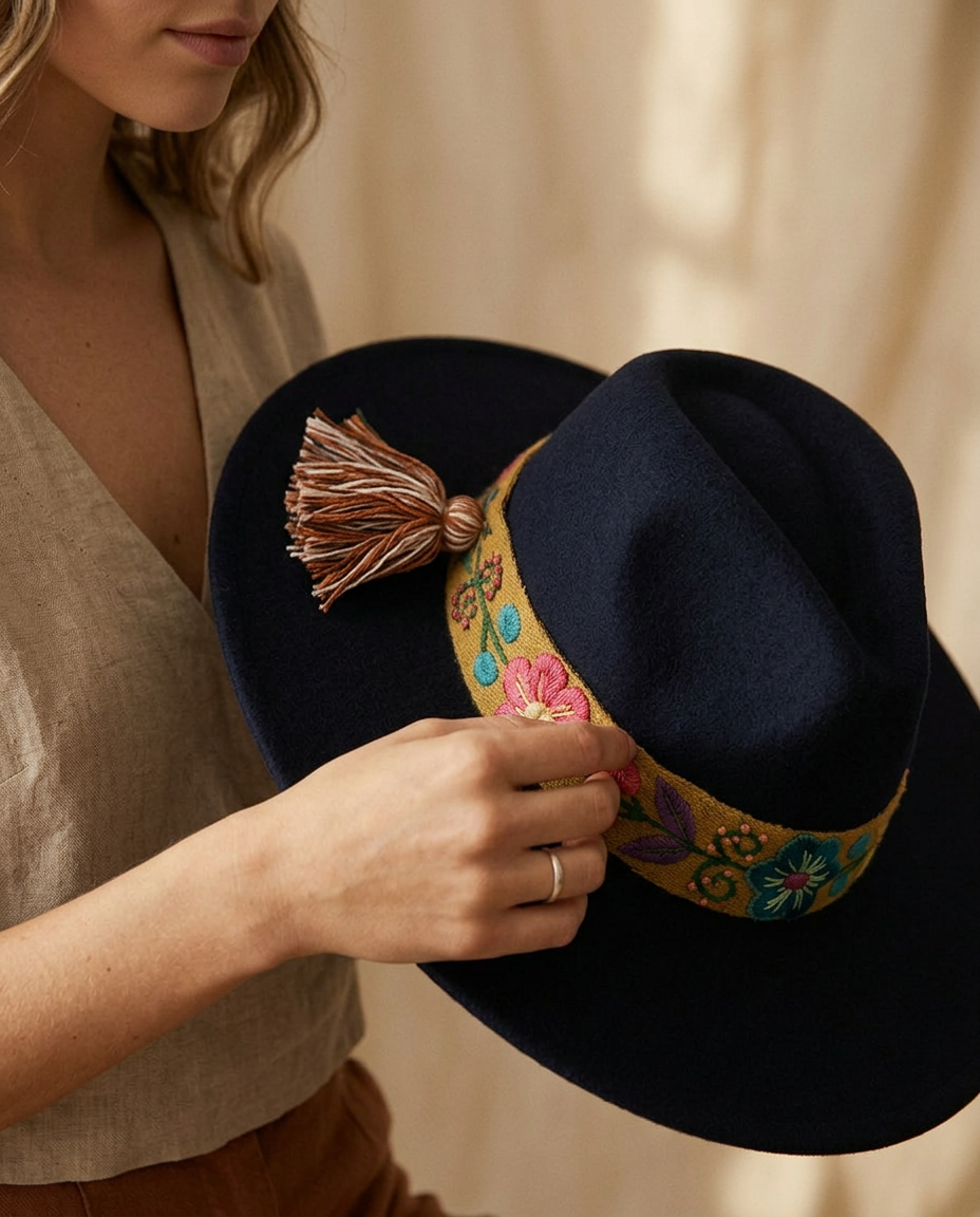 Sombrero Fedora de Fieltro Azul con Cinta y Bordado Floral Artesanal