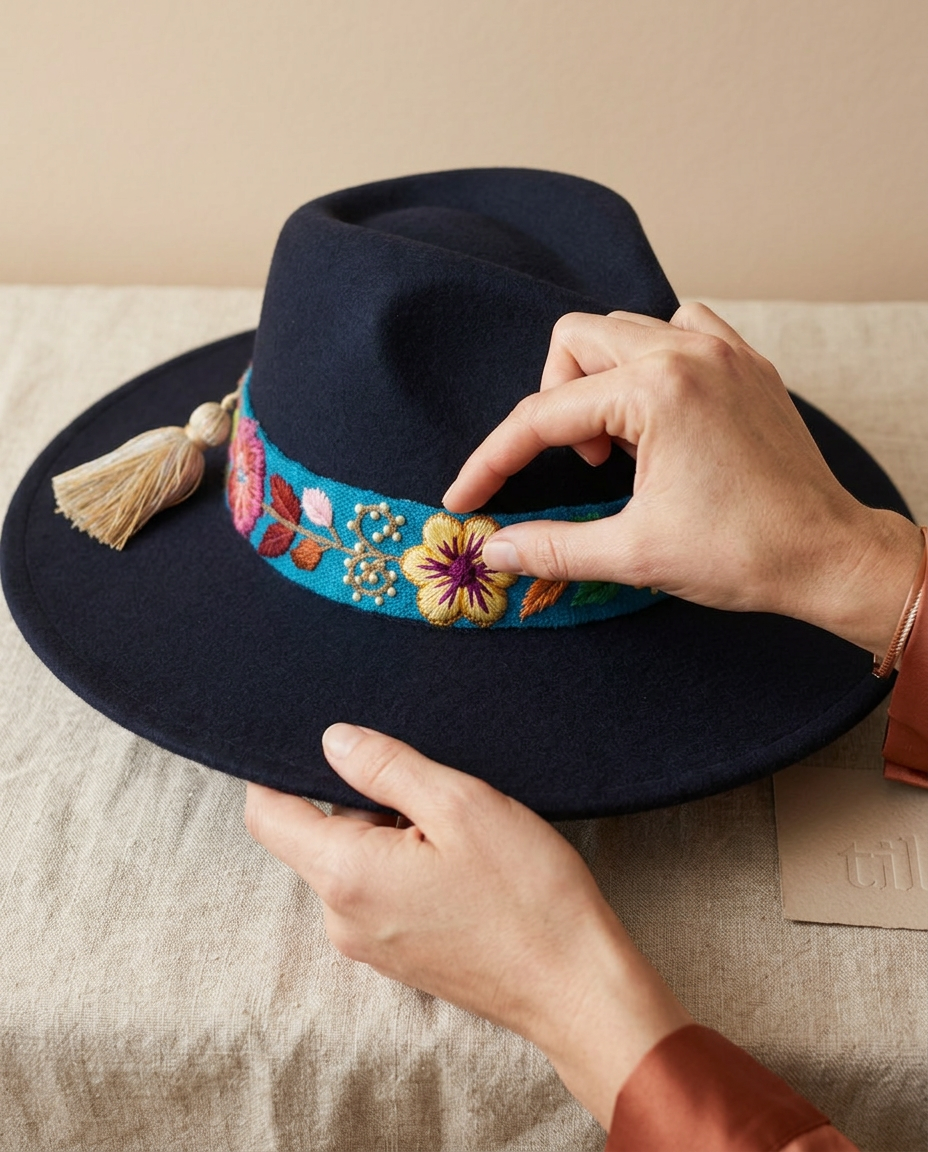 Sombrero Fedora de Fieltro Azul con Cinta y Bordado Floral Artesanal