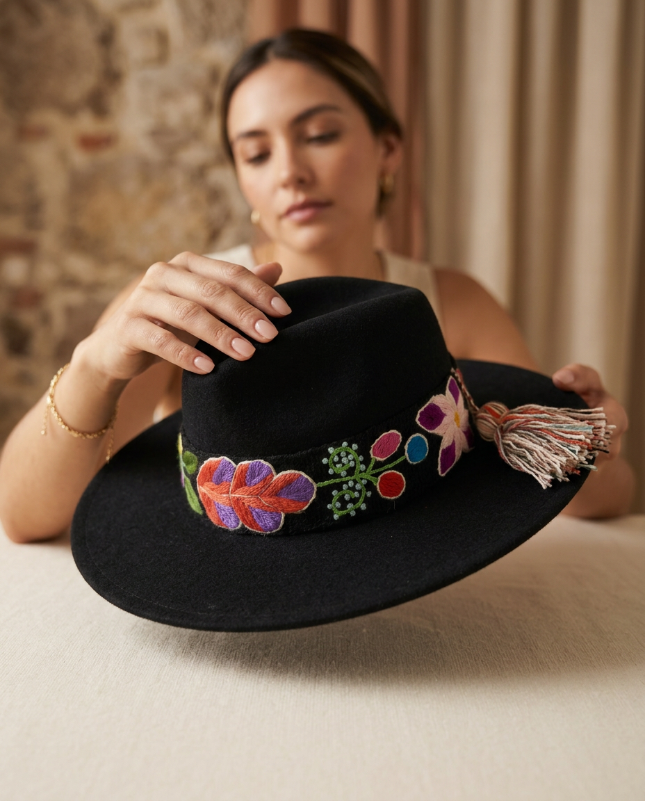 Sombrero Fedora de Fieltro Negro con Cinta y Bordado floral