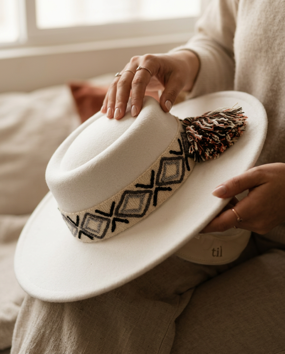 Sombrero Oval de Fieltro Blanco con Cinta y Bordado geométrico