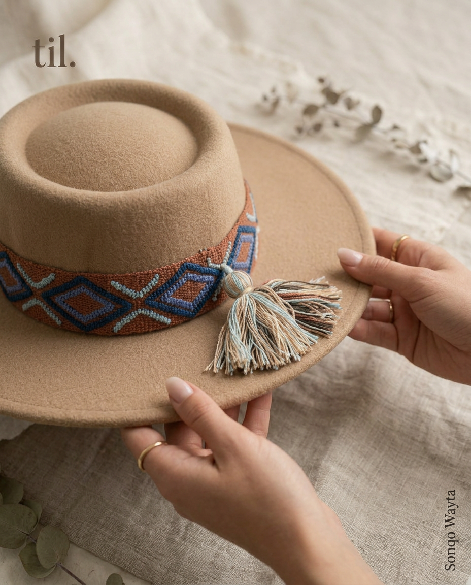 Sombrero Oval de Fieltro Beige con Cinta y Bordado geométrico
