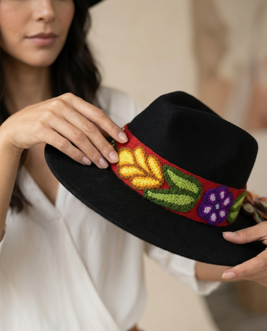 Sombrero Fedora de Fieltro Negro con Cinta y Bordado floral