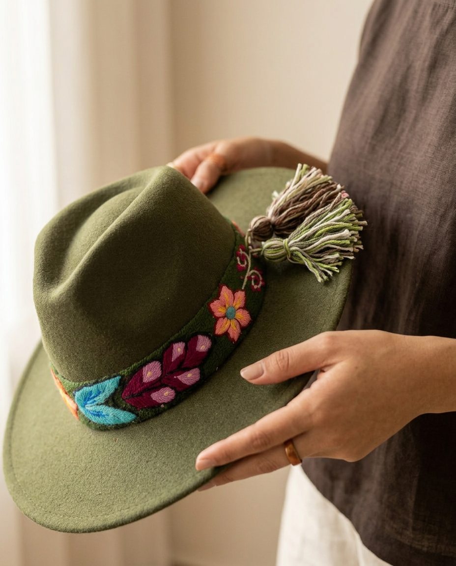 Sombrero Fedora de Fieltro Verde Olivo con Cinta y Bordado Floral Artesanal