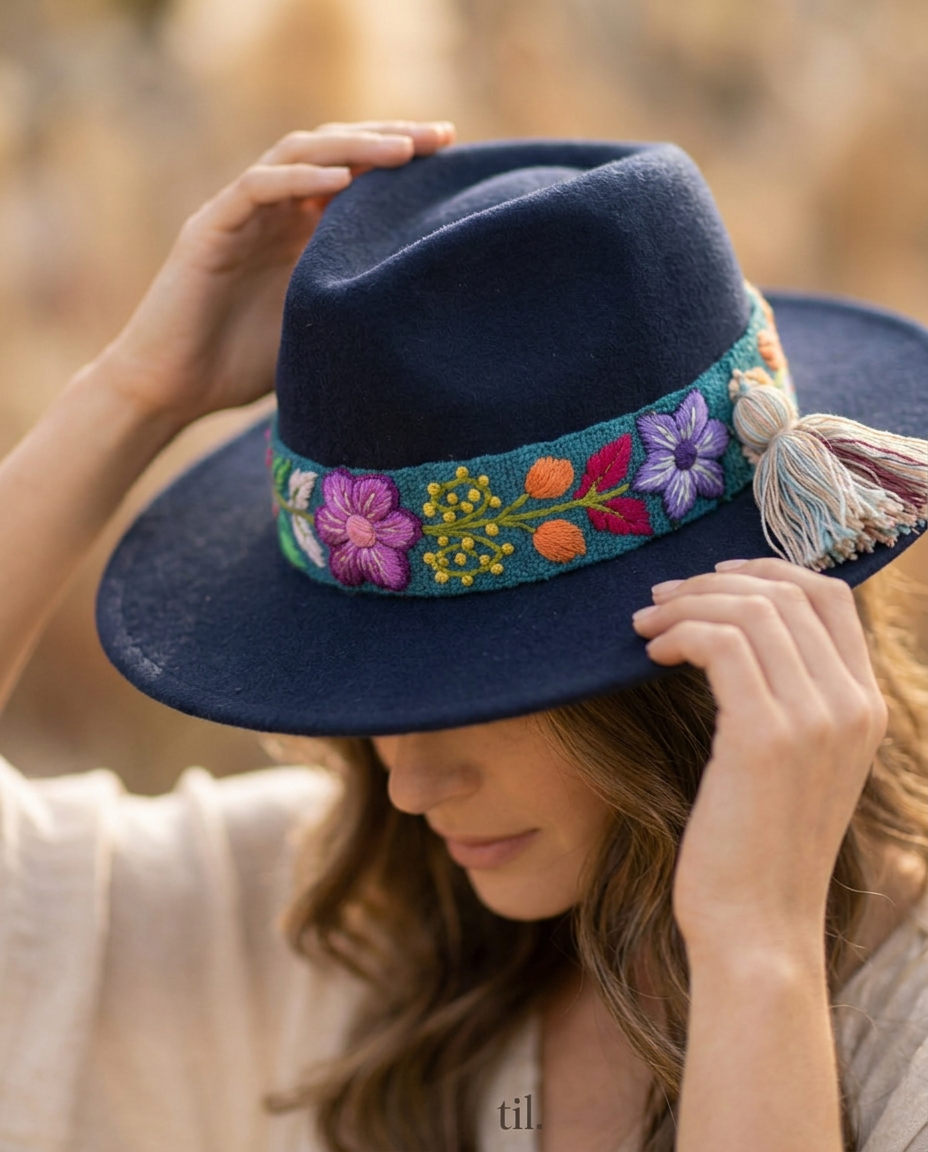 Sombrero Fedora de Fieltro Azul con Cinta y Bordado Floral Artesanal