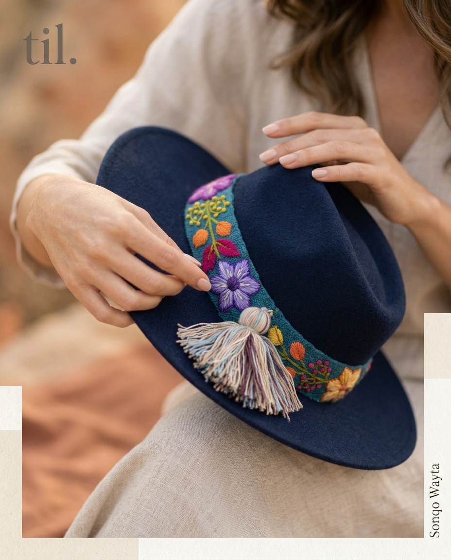 Sombrero Fedora de Fieltro Azul con Cinta y Bordado Floral Artesanal