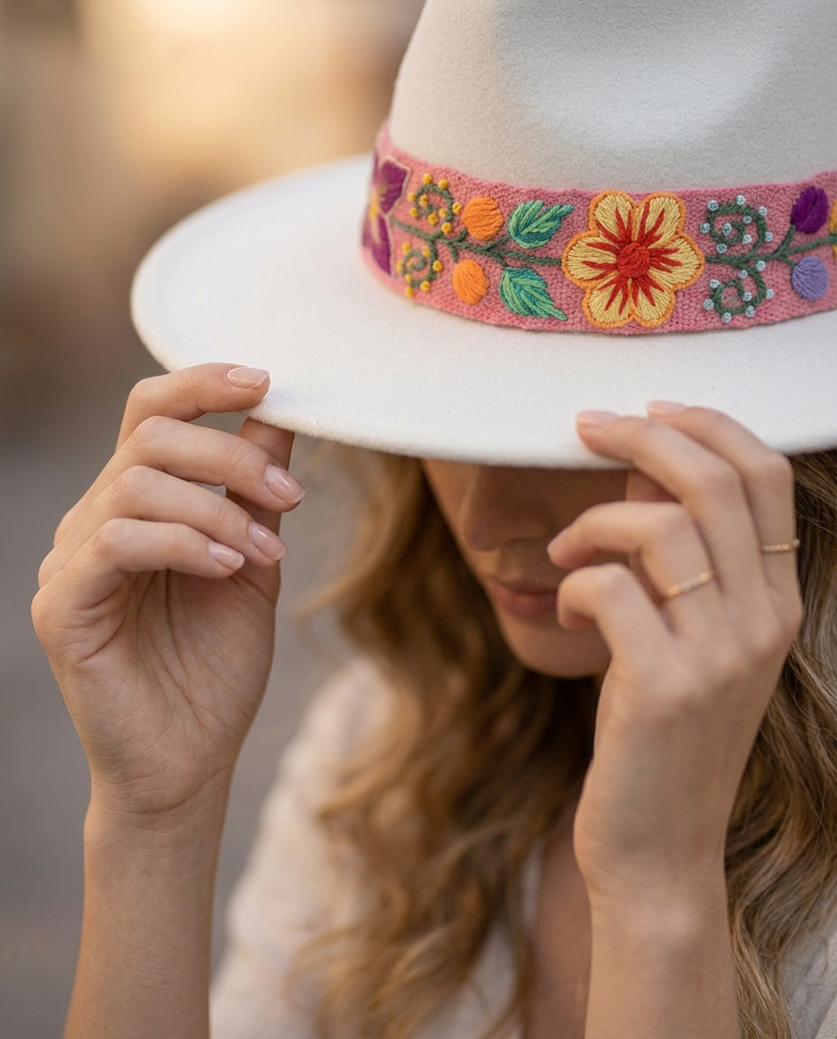 Sombrero Fedora de Fieltro Blanco con Cinta y Bordado Floral Artesanal
