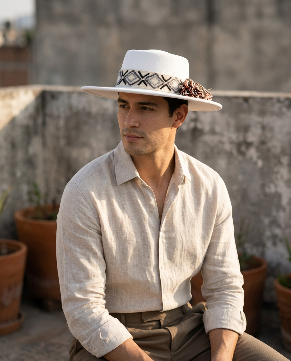 Sombrero Oval de Fieltro Blanco con Cinta y Bordado geométrico
