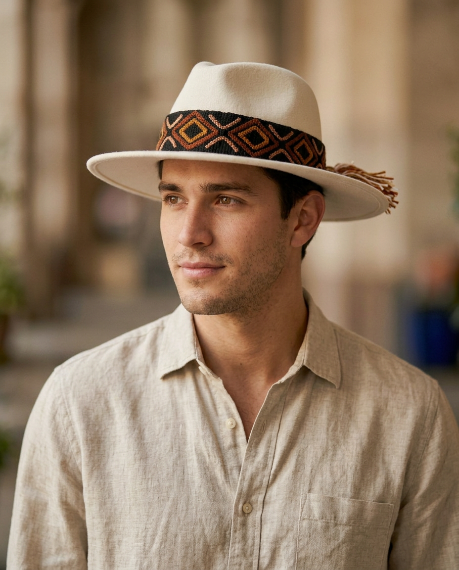 Sombrero Fedora de Fieltro Blanco con Cinta y Bordado geométrico