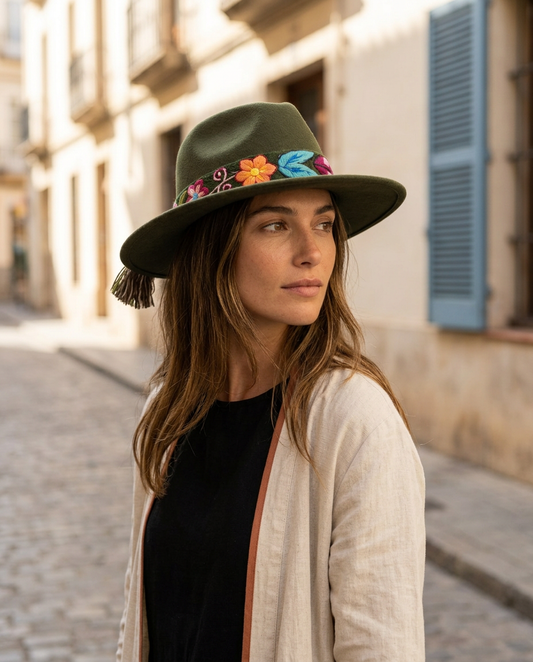 Sombrero Fedora de Fieltro Verde Olivo con Cinta y Bordado Floral Artesanal