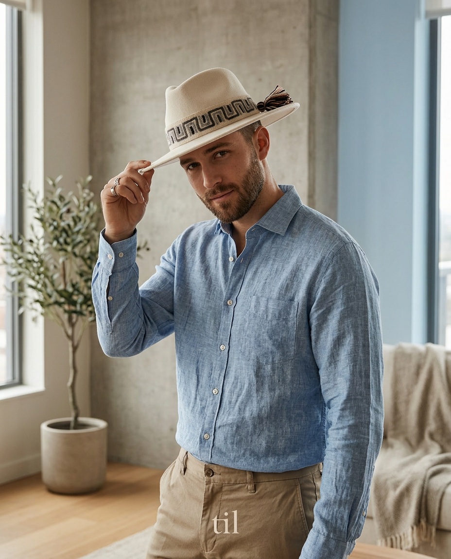 Sombrero Fedora de Fieltro Blanco con Cinta y Bordado geométrico