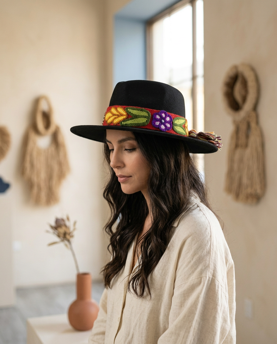 Sombrero Fedora de Fieltro Negro con Cinta y Bordado floral