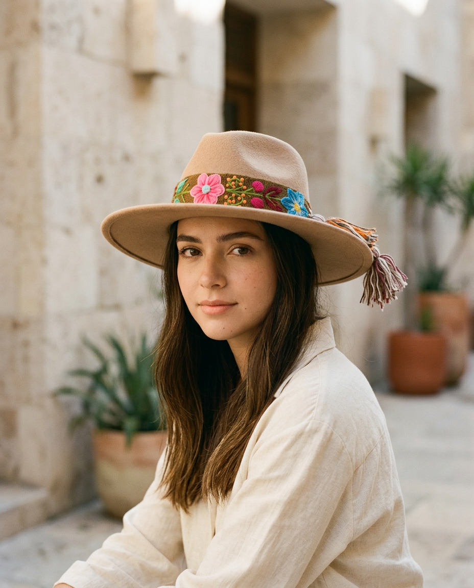 Sombrero Fedora de Fieltro Beige con Cinta y Bordado Floral Artesanal