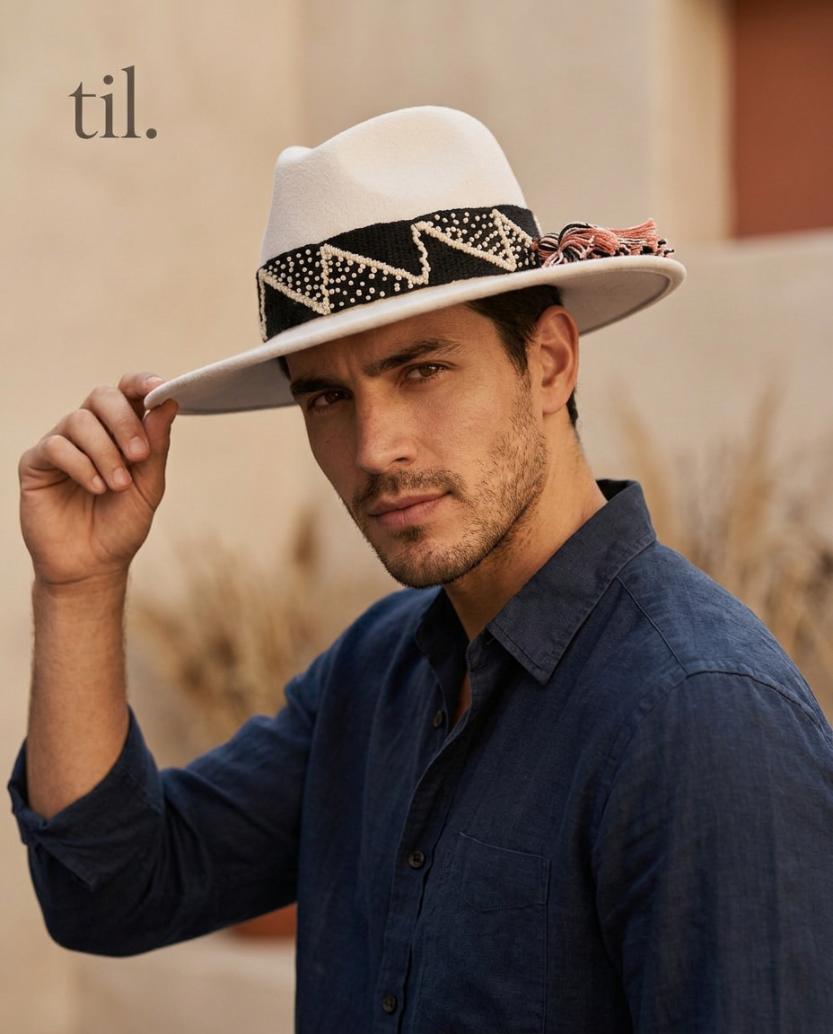 Sombrero Fedora de Fieltro Blanco con Cinta y Bordado geométrico