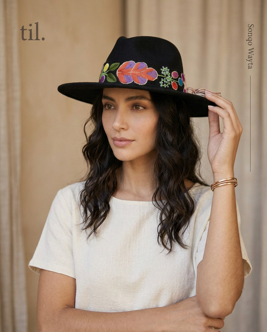 Sombrero Fedora de Fieltro Negro con Cinta y Bordado floral
